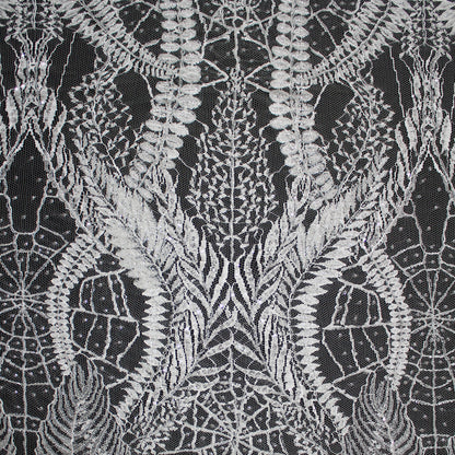 Haute Couture French Lace | Bridal Embroidered Lace with Sequins, Seed Beads, Arabesque Scrolls, Large Arched Leaves & Double Border | FRI2579