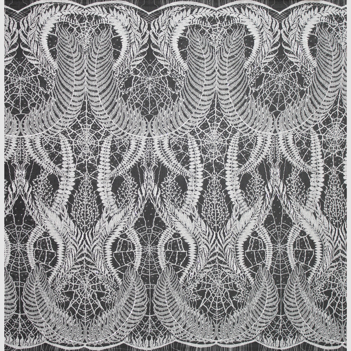 Haute Couture French Lace | Bridal Embroidered Lace with Sequins, Seed Beads, Arabesque Scrolls, Large Arched Leaves & Double Border | FRI2579