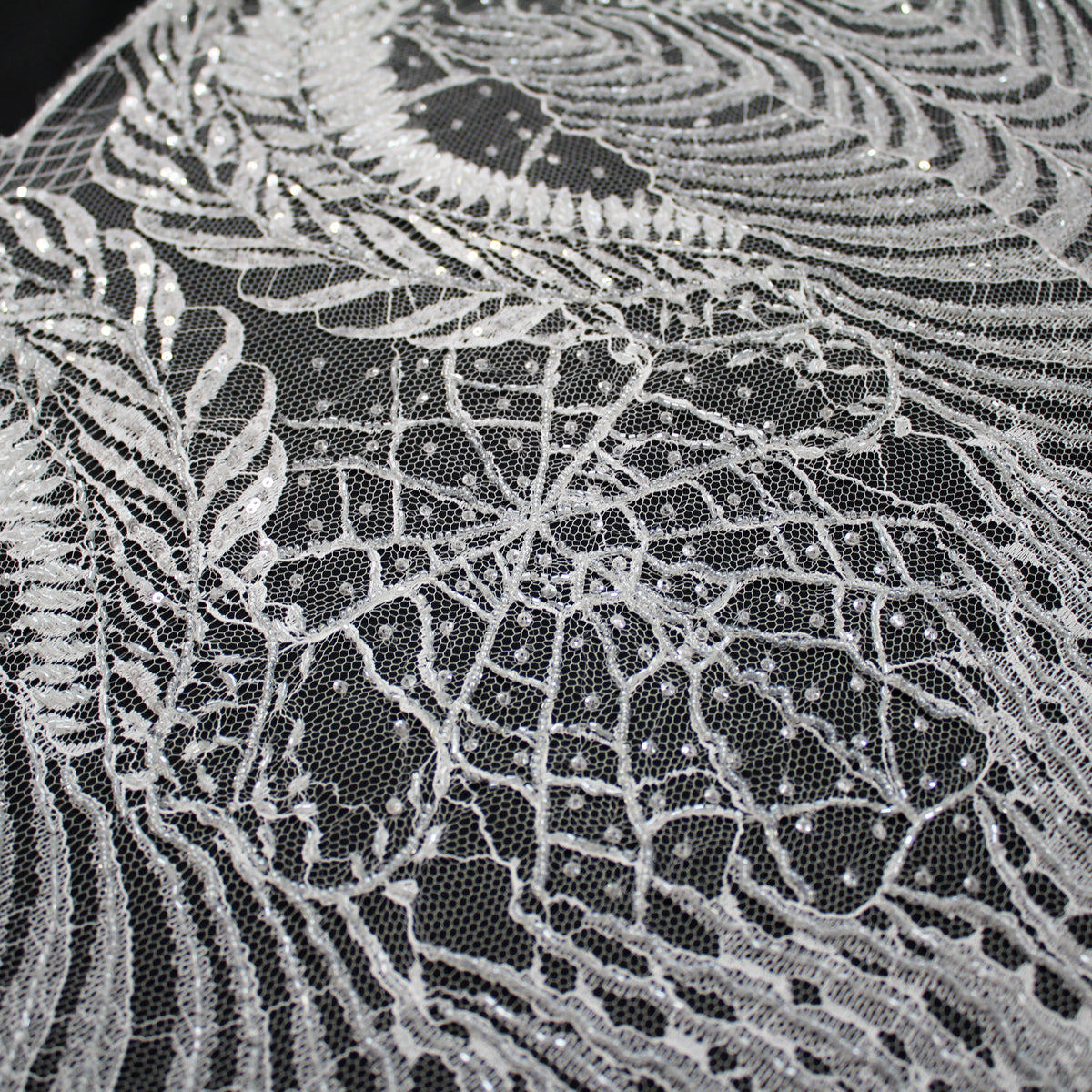 Haute Couture French Lace | Bridal Embroidered Lace with Sequins, Seed Beads, Arabesque Scrolls, Large Arched Leaves & Double Border | FRI2579