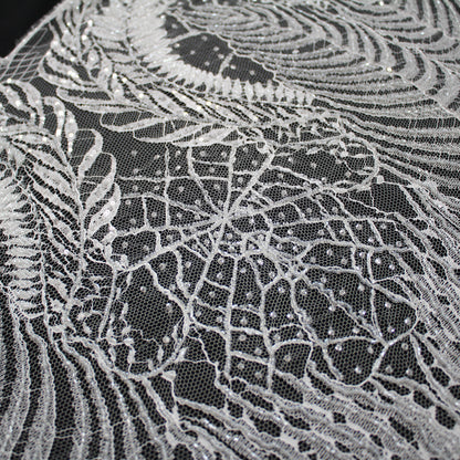 Haute Couture French Lace | Bridal Embroidered Lace with Sequins, Seed Beads, Arabesque Scrolls, Large Arched Leaves & Double Border | FRI2579