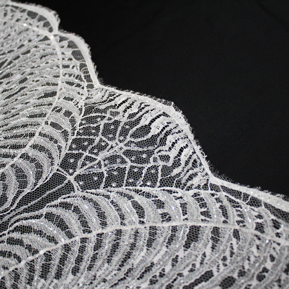 Haute Couture French Lace | Bridal Embroidered Lace with Sequins, Seed Beads, Arabesque Scrolls, Large Arched Leaves & Double Border | FRI2579