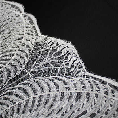 Haute Couture French Lace | Bridal Embroidered Lace with Sequins, Seed Beads, Arabesque Scrolls, Large Arched Leaves & Double Border | FRI2579