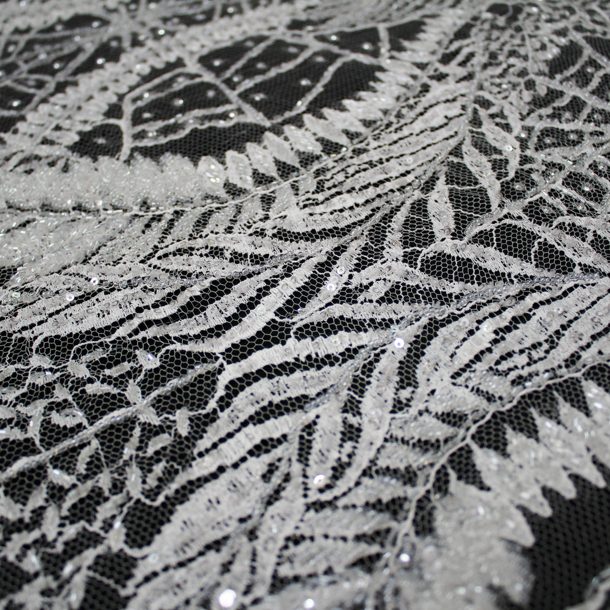 Haute Couture French Lace | Bridal Embroidered Lace with Sequins, Seed Beads, Arabesque Scrolls, Large Arched Leaves & Double Border | FRI2579