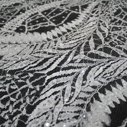 Haute Couture French Lace | Bridal Embroidered Lace with Sequins, Seed Beads, Arabesque Scrolls, Large Arched Leaves & Double Border | FRI2579