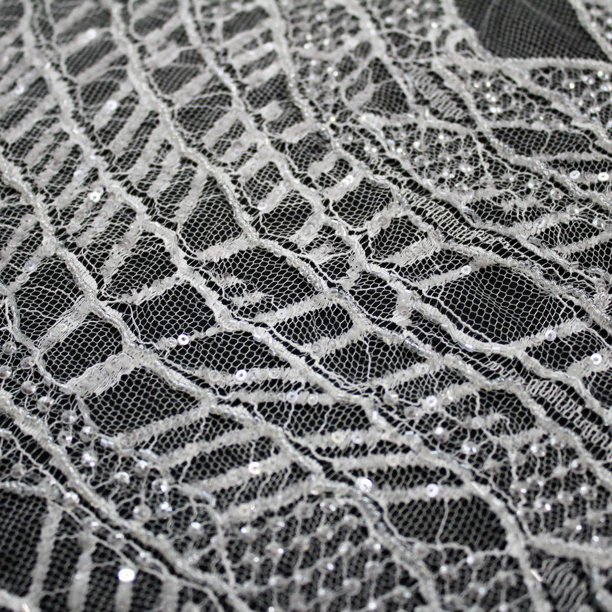 Haute Couture French Lace | Bridal Embroidered Lace with Sequins, Seed Beads, Abstract Intertwined Leaves & Double Scallop | FRI2580