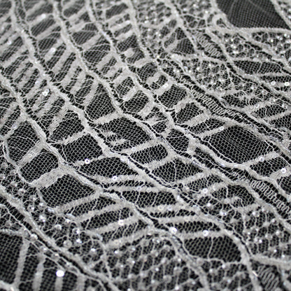 Haute Couture French Lace | Bridal Embroidered Lace with Sequins, Seed Beads, Abstract Intertwined Leaves & Double Scallop | FRI2580
