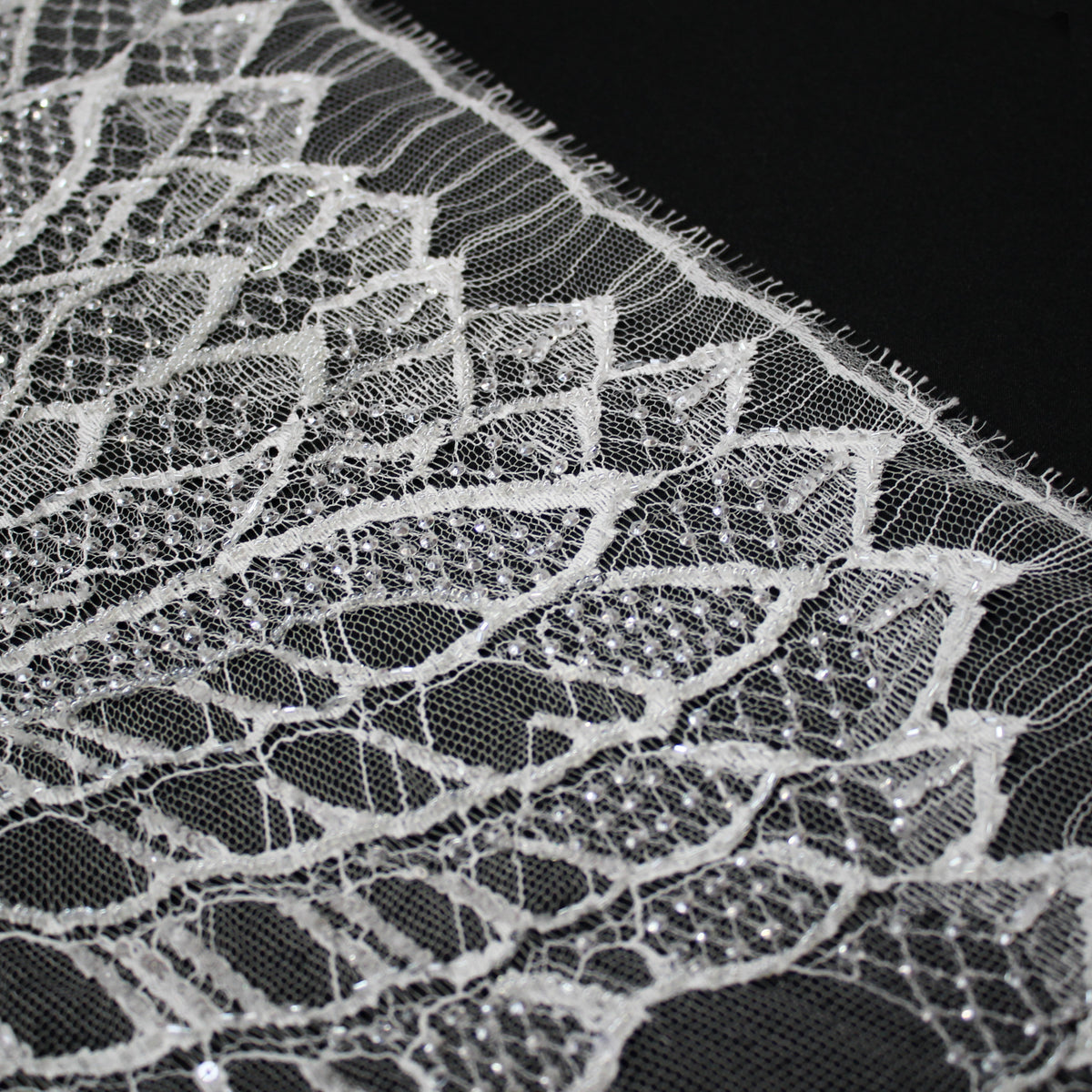 Haute Couture French Lace | Bridal Embroidered Lace with Sequins, Seed Beads, Abstract Intertwined Leaves & Double Scallop | FRI2580
