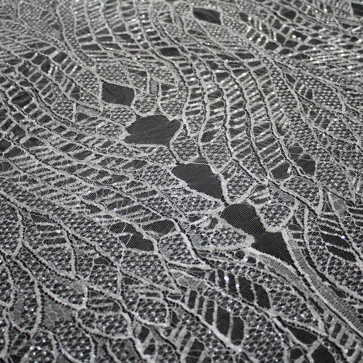 Haute Couture French Lace | Bridal Embroidered Lace with Sequins, Seed Beads, Abstract Intertwined Leaves & Double Scallop | FRI2580