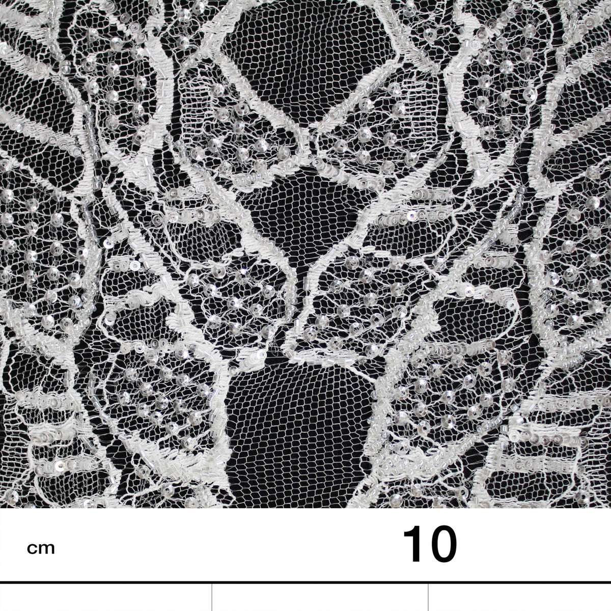 Haute Couture French Lace | Bridal Embroidered Lace with Sequins, Seed Beads, Abstract Intertwined Leaves & Double Scallop | FRI2580
