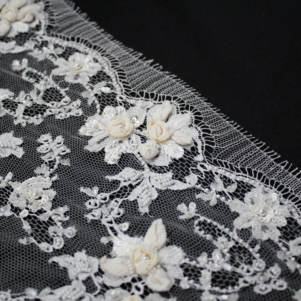 Haute Couture French Lace | Bridal Embroidered Lace with Sequins, Seed Beads, Pearls, 3D Ivory Flowers, Paisley Sprays & Double Border | FRI2807