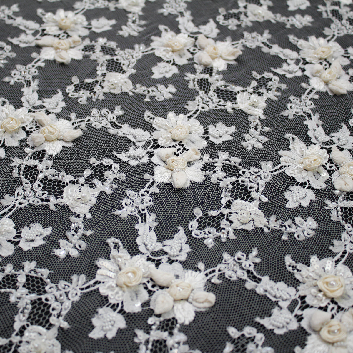 Haute Couture French Lace | Bridal Embroidered Lace with Sequins, Seed Beads, Pearls, 3D Ivory Flowers, Paisley Sprays & Double Border | FRI2807