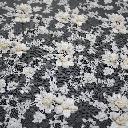 Haute Couture French Lace | Bridal Embroidered Lace with Sequins, Seed Beads, Pearls, 3D Ivory Flowers, Paisley Sprays & Double Border | FRI2807
