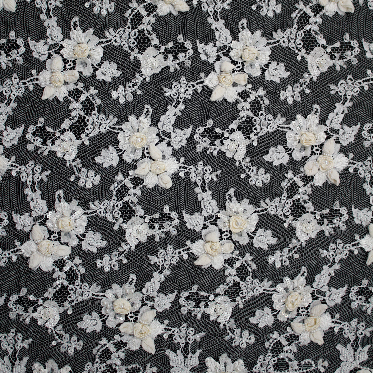 Haute Couture French Lace | Bridal Embroidered Lace with Sequins, Seed Beads, Pearls, 3D Ivory Flowers, Paisley Sprays & Double Border | FRI2807