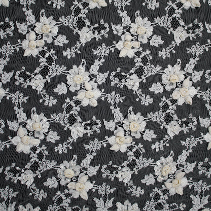 Haute Couture French Lace | Bridal Embroidered Lace with Sequins, Seed Beads, Pearls, 3D Ivory Flowers, Paisley Sprays & Double Border | FRI2807