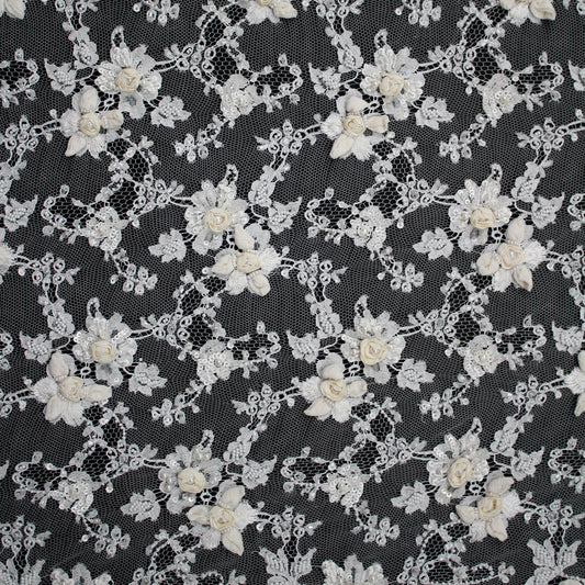 Haute Couture French Lace | Bridal Embroidered Lace with Sequins, Seed Beads, Pearls, 3D Ivory Flowers, Paisley Sprays & Double Border | FRI2807