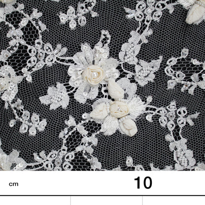 Haute Couture French Lace | Bridal Embroidered Lace with Sequins, Seed Beads, Pearls, 3D Ivory Flowers, Paisley Sprays & Double Border | FRI2807