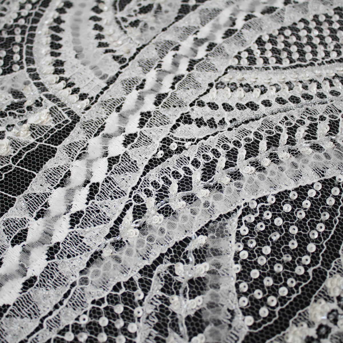 Haute Couture French Lace | Bridal Embroidered Lace with Sequins, Seed Beads, 3D Tulle, Abstract Snake Wave Motifs & Double Scallop | FRI2808