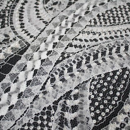 Haute Couture French Lace | Bridal Embroidered Lace with Sequins, Seed Beads, 3D Tulle, Abstract Snake Wave Motifs & Double Scallop | FRI2808