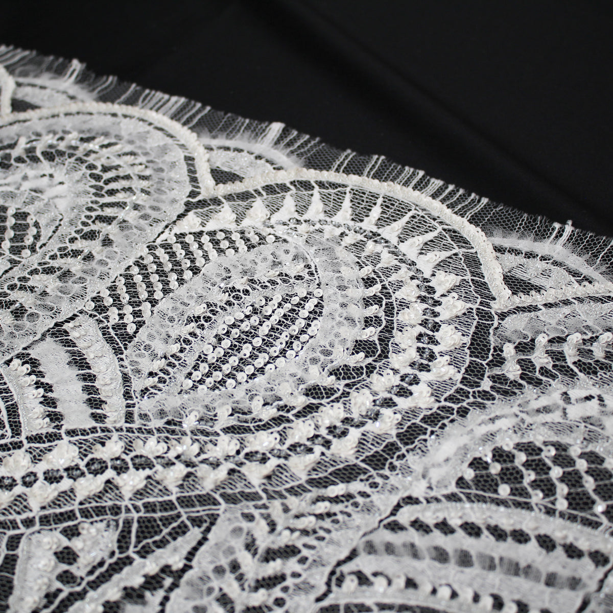 Haute Couture French Lace | Bridal Embroidered Lace with Sequins, Seed Beads, 3D Tulle, Abstract Snake Wave Motifs & Double Scallop | FRI2808