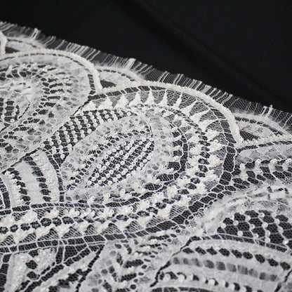 Haute Couture French Lace | Bridal Embroidered Lace with Sequins, Seed Beads, 3D Tulle, Abstract Snake Wave Motifs & Double Scallop | FRI2808