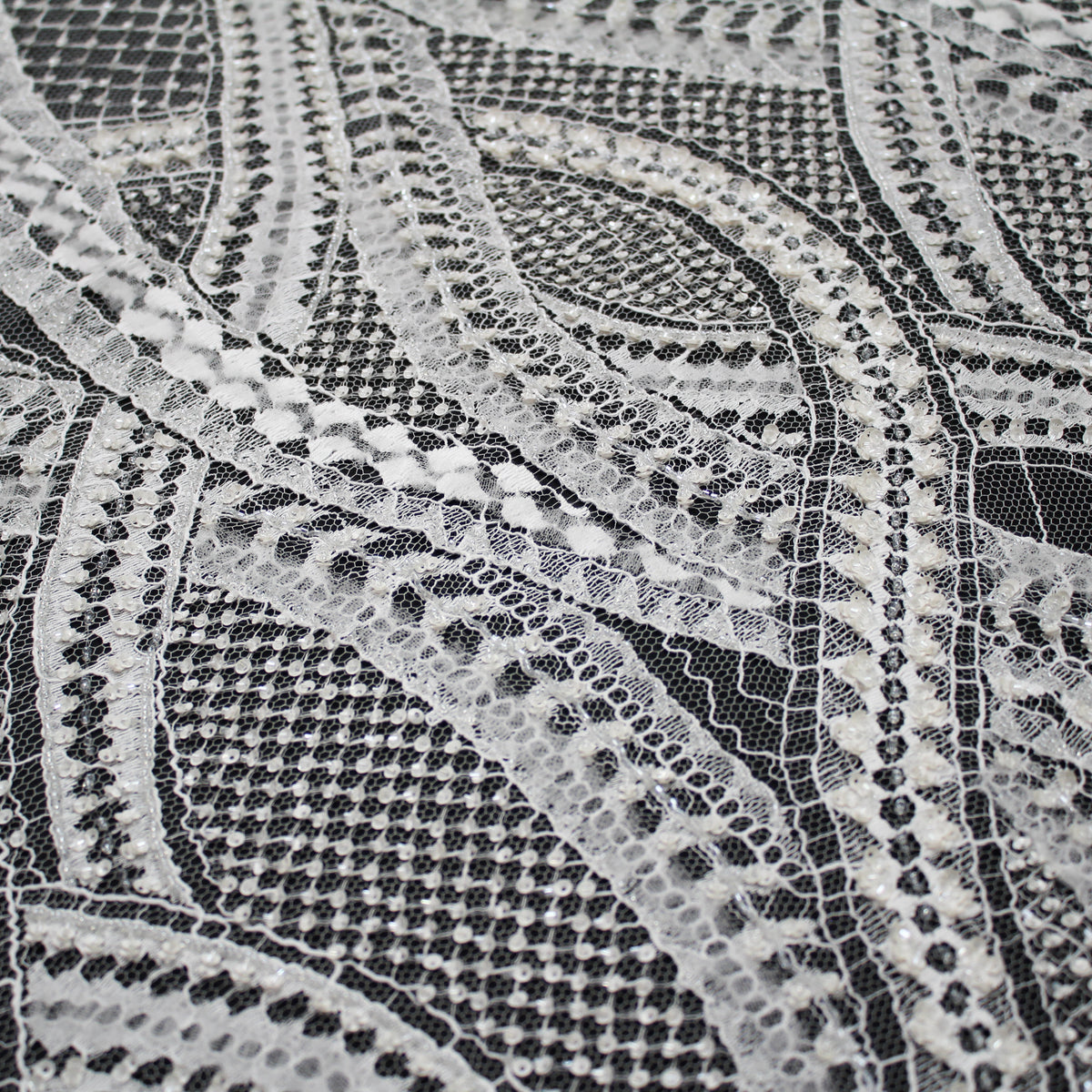 Haute Couture French Lace | Bridal Embroidered Lace with Sequins, Seed Beads, 3D Tulle, Abstract Snake Wave Motifs & Double Scallop | FRI2808
