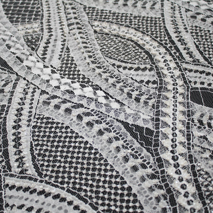 Haute Couture French Lace | Bridal Embroidered Lace with Sequins, Seed Beads, 3D Tulle, Abstract Snake Wave Motifs & Double Scallop | FRI2808