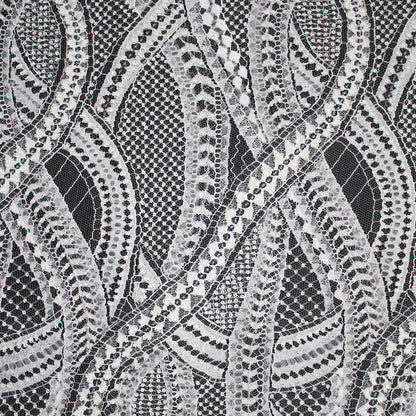 Haute Couture French Lace | Bridal Embroidered Lace with Sequins, Seed Beads, 3D Tulle, Abstract Snake Wave Motifs & Double Scallop | FRI2808