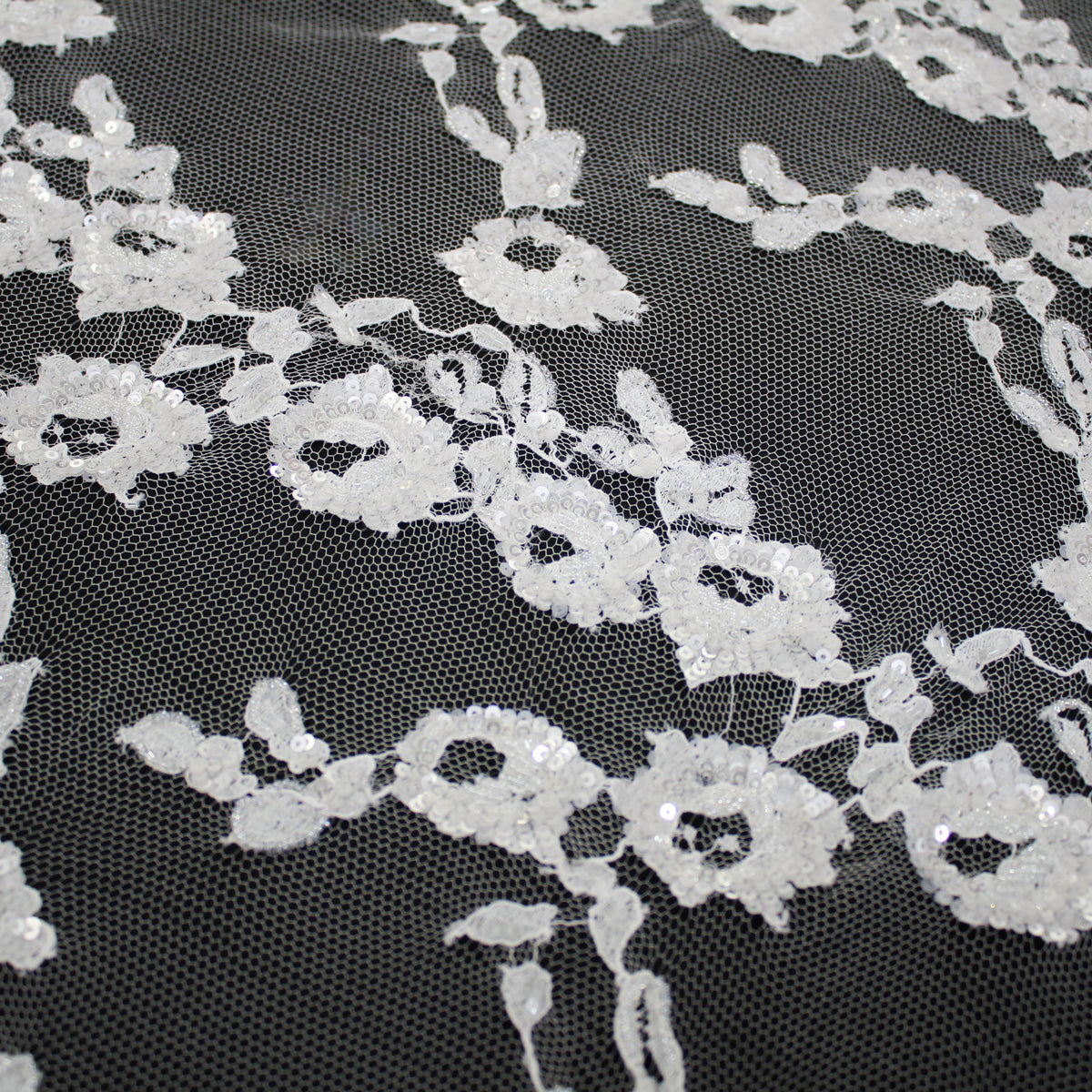 Haute Couture French Lace | Bridal Embroidered Lace with Sequins, Vertical Stripe Floral Sprays & Double Scallop | FRI1755
