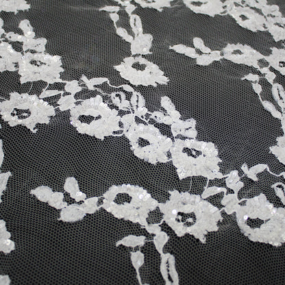 Haute Couture French Lace | Bridal Embroidered Lace with Sequins, Vertical Stripe Floral Sprays & Double Scallop | FRI1755