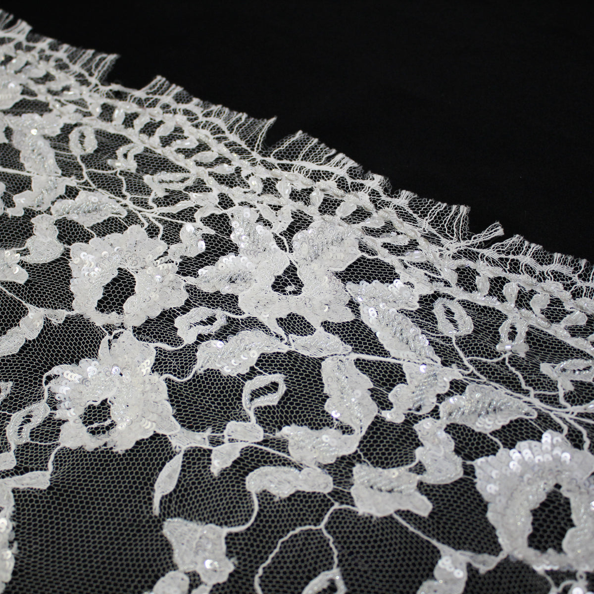 Haute Couture French Lace | Bridal Embroidered Lace with Sequins, Vertical Stripe Floral Sprays & Double Scallop | FRI1755