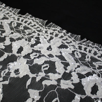 Haute Couture French Lace | Bridal Embroidered Lace with Sequins, Vertical Stripe Floral Sprays & Double Scallop | FRI1755