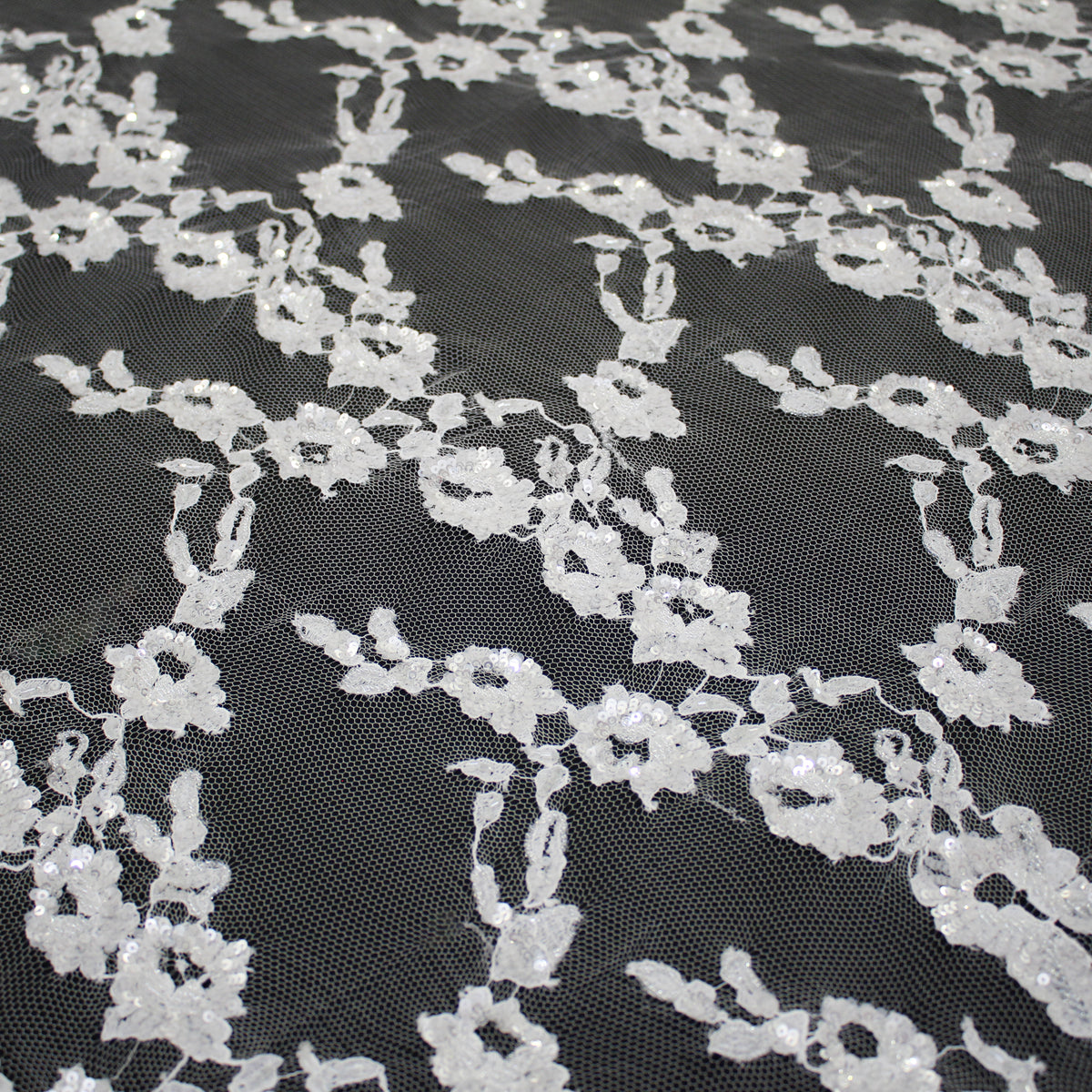 Haute Couture French Lace | Bridal Embroidered Lace with Sequins, Vertical Stripe Floral Sprays & Double Scallop | FRI1755