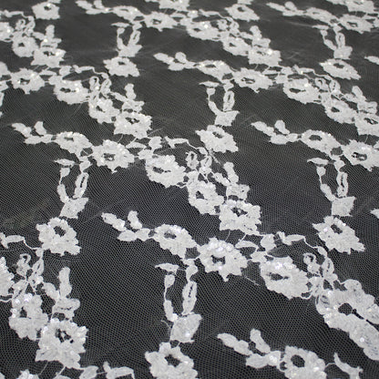 Haute Couture French Lace | Bridal Embroidered Lace with Sequins, Vertical Stripe Floral Sprays & Double Scallop | FRI1755