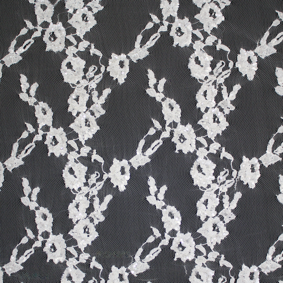 Haute Couture French Lace | Bridal Embroidered Lace with Sequins, Vertical Stripe Floral Sprays & Double Scallop | FRI1755