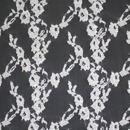 Haute Couture French Lace | Bridal Embroidered Lace with Sequins, Vertical Stripe Floral Sprays & Double Scallop | FRI1755