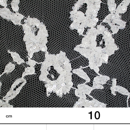 Haute Couture French Lace | Bridal Embroidered Lace with Sequins, Vertical Stripe Floral Sprays & Double Scallop | FRI1755