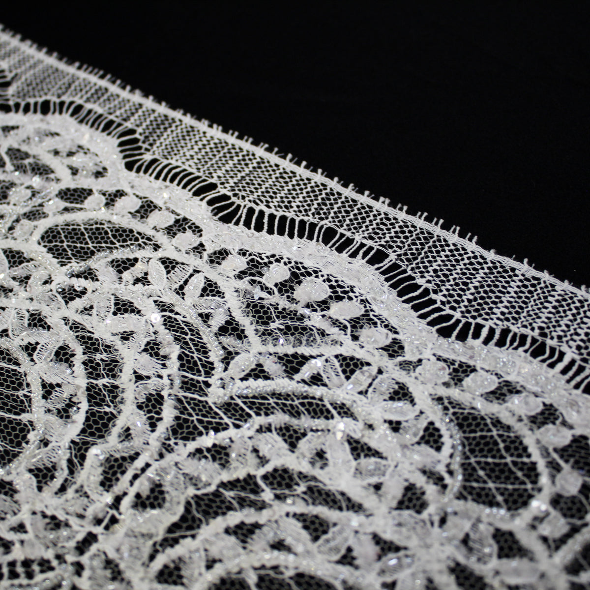 Haute Couture French Lace | Bridal Embroidered Lace with Pearls, Seed Beads, Sequins, Arabesque Scrolls, Large Leaf Crowns & Double Border | FRI3652