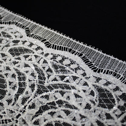 Haute Couture French Lace | Bridal Embroidered Lace with Pearls, Seed Beads, Sequins, Arabesque Scrolls, Large Leaf Crowns & Double Border | FRI3652