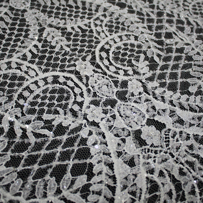 Haute Couture French Lace | Bridal Embroidered Lace with Pearls, Seed Beads, Sequins, Arabesque Scrolls, Large Leaf Crowns & Double Border | FRI3652