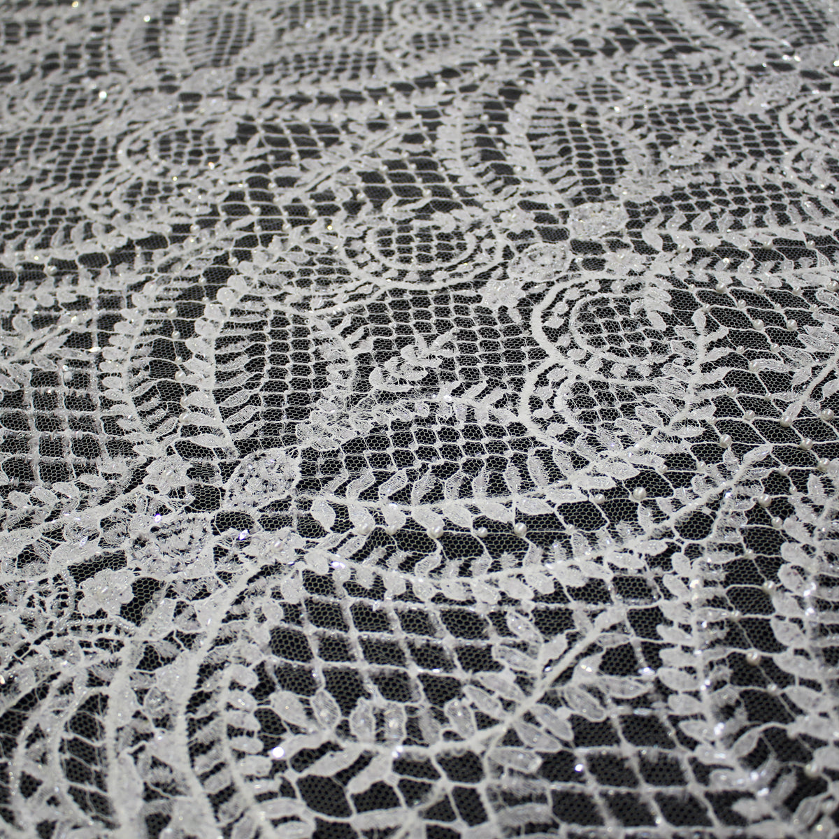 Haute Couture French Lace | Bridal Embroidered Lace with Pearls, Seed Beads, Sequins, Arabesque Scrolls, Large Leaf Crowns & Double Border | FRI3652