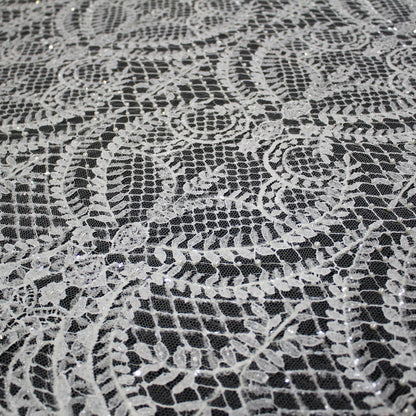 Haute Couture French Lace | Bridal Embroidered Lace with Pearls, Seed Beads, Sequins, Arabesque Scrolls, Large Leaf Crowns & Double Border | FRI3652