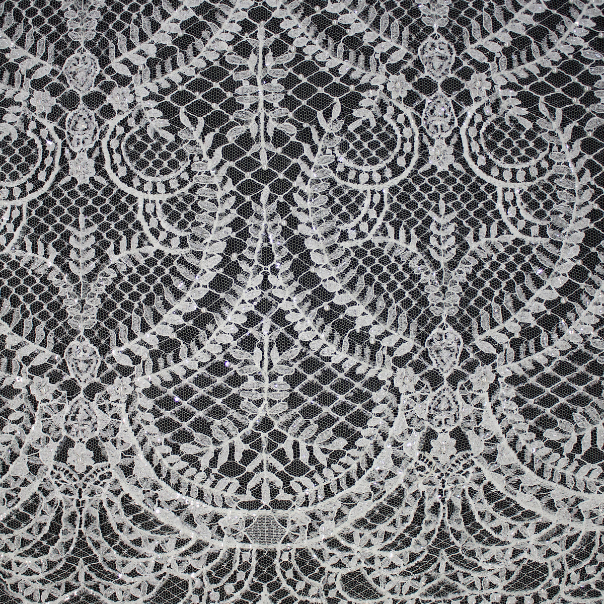 Haute Couture French Lace | Bridal Embroidered Lace with Pearls, Seed Beads, Sequins, Arabesque Scrolls, Large Leaf Crowns & Double Border | FRI3652