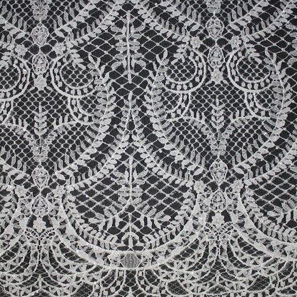 Haute Couture French Lace | Bridal Embroidered Lace with Pearls, Seed Beads, Sequins, Arabesque Scrolls, Large Leaf Crowns & Double Border | FRI3652