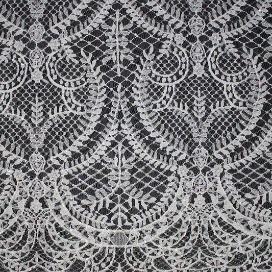 Pizzo Francese Alta Moda | Pizzo Ricamato Sposa con Perline, Corallini, Paillettes, Motivo Arabesco, Corone di Foglie Grandi e Doppio Bordo | FRI3652