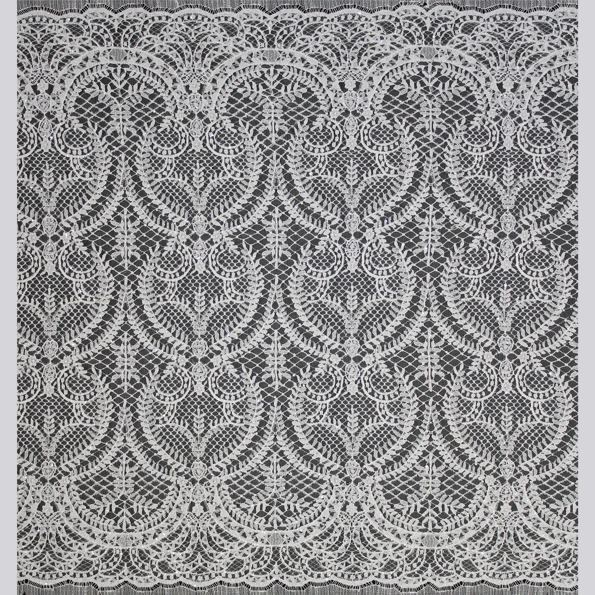 Haute Couture French Lace | Bridal Embroidered Lace with Pearls, Seed Beads, Sequins, Arabesque Scrolls, Large Leaf Crowns & Double Border | FRI3652