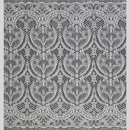 Haute Couture French Lace | Bridal Embroidered Lace with Pearls, Seed Beads, Sequins, Arabesque Scrolls, Large Leaf Crowns & Double Border | FRI3652