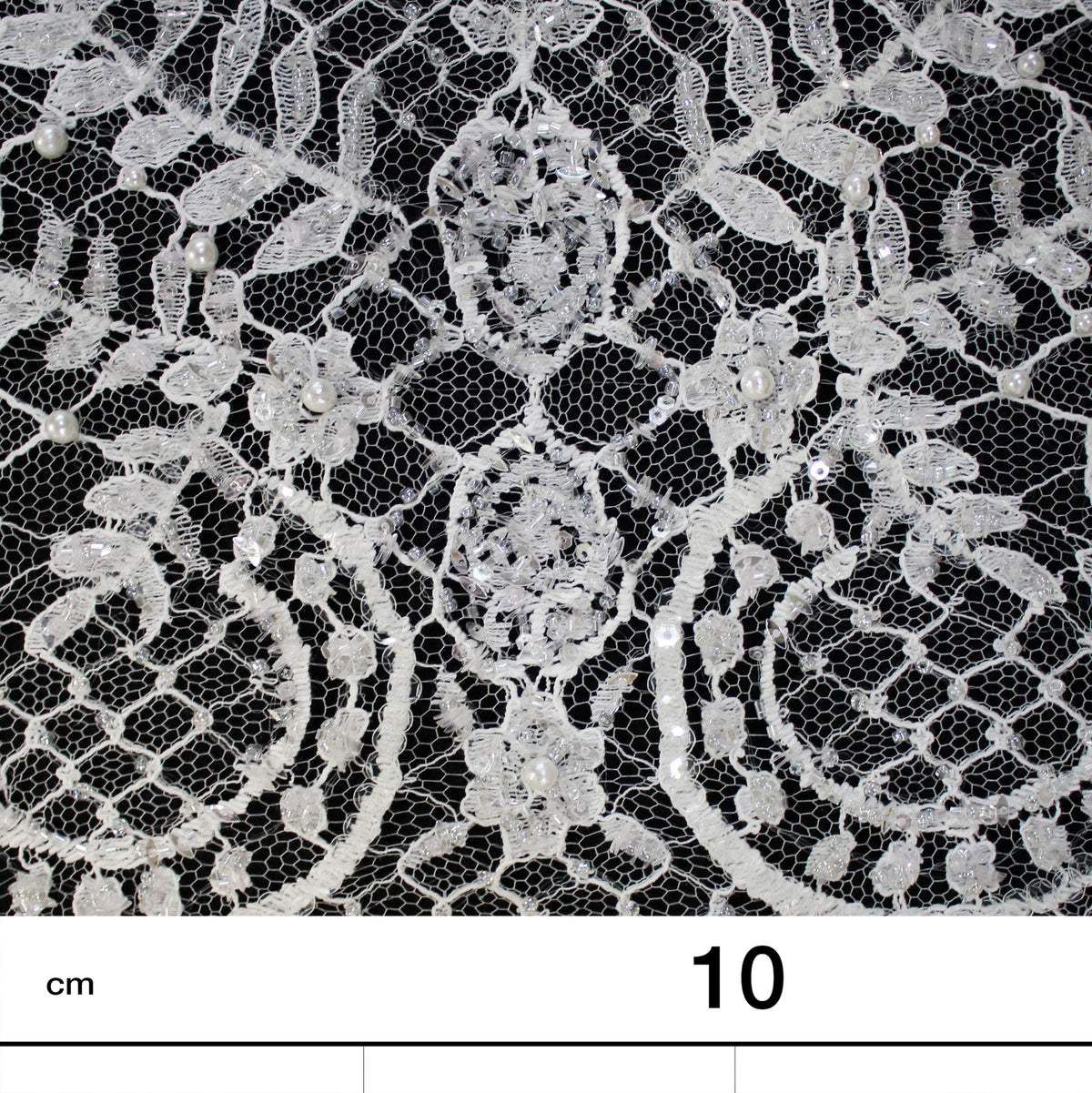 Haute Couture French Lace | Bridal Embroidered Lace with Pearls, Seed Beads, Sequins, Arabesque Scrolls, Large Leaf Crowns & Double Border | FRI3652