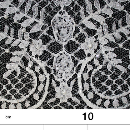 Haute Couture French Lace | Bridal Embroidered Lace with Pearls, Seed Beads, Sequins, Arabesque Scrolls, Large Leaf Crowns & Double Border | FRI3652