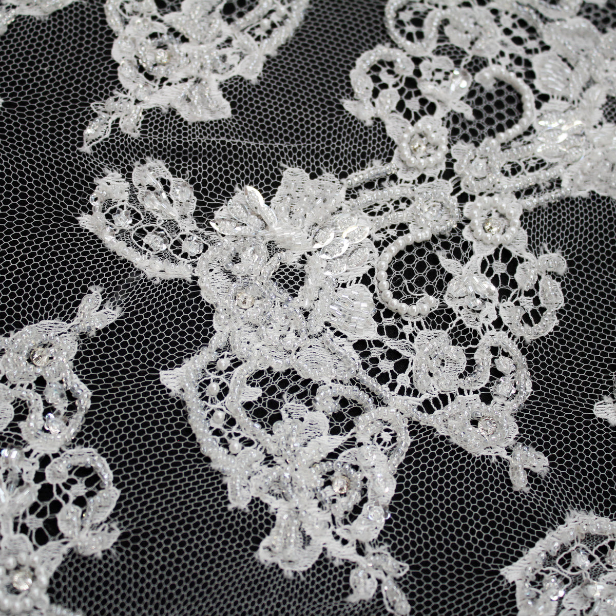 Haute Couture French Lace | Bridal Embroidered Lace with Pearls, Seed Beads, Sequins, S-Curve Vines & Double Floral Paisley Border | FRI1790