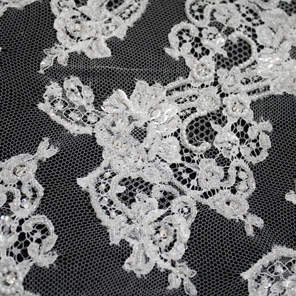 Haute Couture French Lace | Bridal Embroidered Lace with Pearls, Seed Beads, Sequins, S-Curve Vines & Double Floral Paisley Border | FRI1790